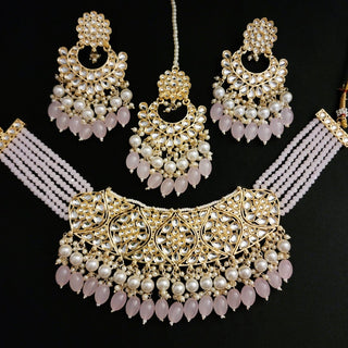 Karleigh Light Pink Kundan Choker Necklace Set with Tikka - ECLAT INDIAN JEWELSNecklace SetsPink