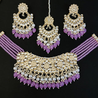 Karleigh Light Purple Kundan Choker Necklace Set with Tikka - ECLAT INDIAN JEWELSNecklace SetsPurple