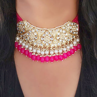 Karleigh Magenta Pink Kundan Choker Necklace Set with Tikka - ECLAT INDIAN JEWELSNecklace SetsPink