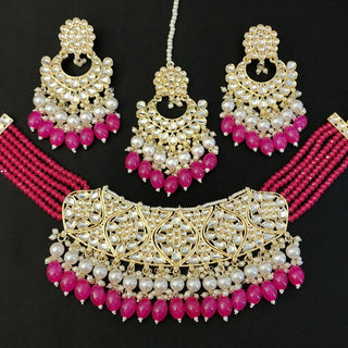 Karleigh Magenta Pink Kundan Choker Necklace Set with Tikka - ECLAT INDIAN JEWELSNecklace SetsPink