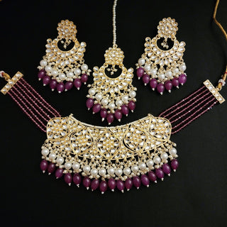 Karleigh Plum Purple Kundan Choker Necklace Set with Tikka - ECLAT INDIAN JEWELSNecklace SetsPurple