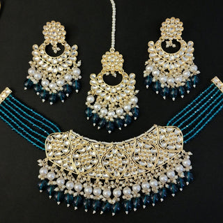 Karleigh Teal Blue Kundan Choker Necklace Set with Tikka - ECLAT INDIAN JEWELSNecklace SetsBlue