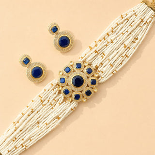 Karlie Blue Choker CZ Diamond Simulant Necklace Set - ECLAT INDIAN JEWELSNecklace SetsBlue