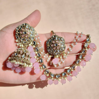 Katrina Light Pink Baahubali Kundan Jhumka Earrings - ECLAT INDIAN JEWELSTikka SetsPink