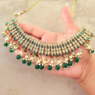 Kayla Green Polki Necklace Set with Tikka - ECLAT INDIAN JEWELSNecklace SetsGreen