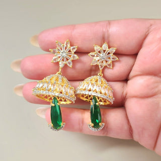 Kelly Green CZ Diamond Simulant Jhumka Earrings - ECLAT INDIAN JEWELSTikka SetsGreen