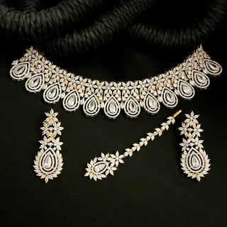 Kerra Dual Toned Diamond Simulant Necklace Set with Tikka - ECLAT INDIAN JEWELSNecklace SetsWhite