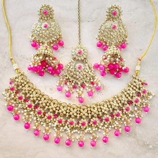 Kiara Magenta Pink Polki Diamond Choker Necklace Set with Tikka - ECLAT INDIAN JEWELSNecklace SetsPink