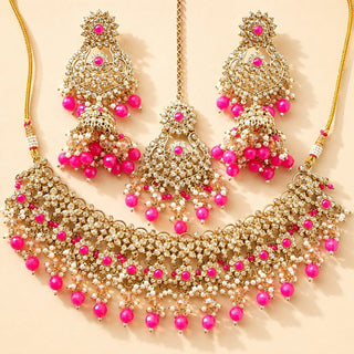 Kiara Magenta Pink Polki Diamond Choker Necklace Set with Tikka - ECLAT INDIAN JEWELSNecklace SetsPink