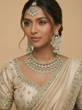 Kiara Pastel Blue Polki Diamond Choker Necklace Set with Tikka - ECLAT INDIAN JEWELSNecklace SetsBlue