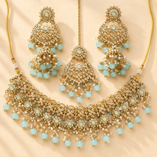 Kiara Pastel Blue Polki Diamond Choker Necklace Set with Tikka - ECLAT INDIAN JEWELSNecklace SetsBlue