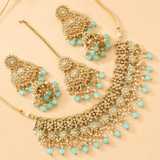 Kiara Pastel Blue Polki Diamond Choker Necklace Set with Tikka - ECLAT INDIAN JEWELSNecklace SetsBlue