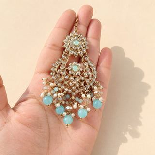 Kiara Pastel Blue Polki Diamond Choker Necklace Set with Tikka - ECLAT INDIAN JEWELSNecklace SetsBlue
