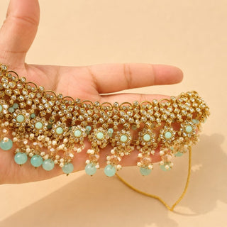 Kiara Pastel Blue Polki Diamond Choker Necklace Set with Tikka - ECLAT INDIAN JEWELSNecklace SetsBlue