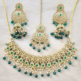 Kiara Polki Diamond Green Choker Necklace Set with Tikka - ECLAT INDIAN JEWELSNecklace SetsGreen