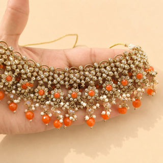 Kiara Polki Diamond Orange Choker Necklace Set with Tikka - ECLAT INDIAN JEWELSNecklace SetsOrange