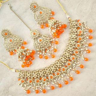 Kiara Polki Diamond Orange Choker Necklace Set with Tikka - ECLAT INDIAN JEWELSNecklace SetsOrange