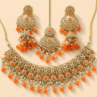 Kiara Polki Diamond Orange Choker Necklace Set with Tikka - ECLAT INDIAN JEWELSNecklace SetsOrange