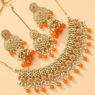 Kiara Polki Diamond Orange Choker Necklace Set with Tikka - ECLAT INDIAN JEWELSNecklace SetsOrange