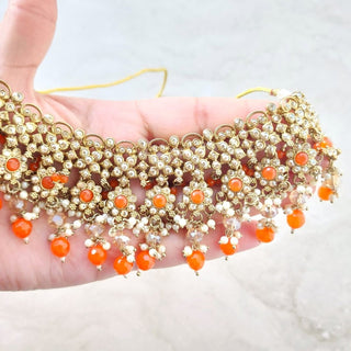 Kiara Polki Diamond Orange Choker Necklace Set with Tikka - ECLAT INDIAN JEWELSNecklace SetsOrange