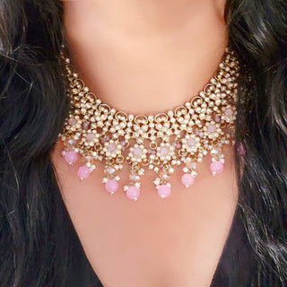 Kiara Polki Diamond Pink Choker Necklace Set with Tikka - ECLAT INDIAN JEWELSNecklace SetsPink