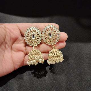 Kris White Baahubali Jhumki Earrings (with Detachable Chains) - ECLAT INDIAN JEWELSEarringsWhite