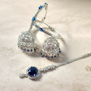 Kriti Blue American Diamond Bali Jhumki Tikka Set - ECLAT INDIAN JEWELSTikka SetsBlue