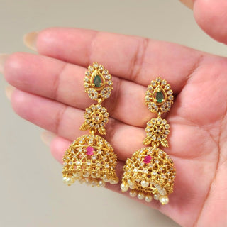 Kriti Multicolour CZ Diamond Simulant Jhumka Earrings - ECLAT INDIAN JEWELSTikka SetsMulticolour