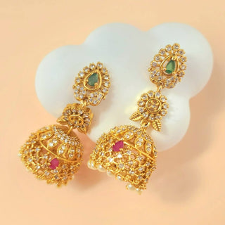 Kriti Multicolour CZ Diamond Simulant Jhumka Earrings - ECLAT INDIAN JEWELSTikka SetsMulticolour