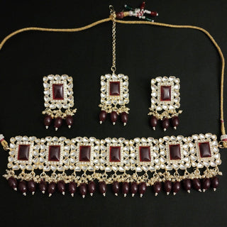 Laurel Dark Red Choker Set with Tikka - ECLAT INDIAN JEWELSNecklace SetsRed