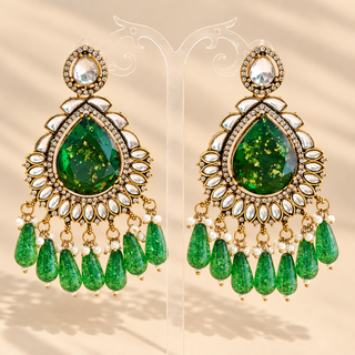 Lavinia emerald dark green kundan statement chandbali earrings 9 cm with gold fleck teardrop centres and green bead drops on clear stand