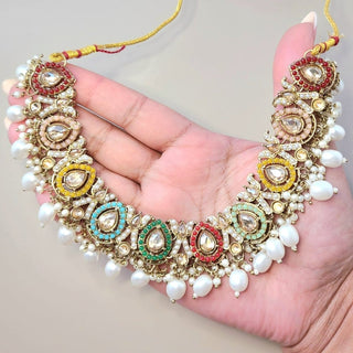 Leah Multicolour Polki Choker Necklace Set with Tikka - ECLAT INDIAN JEWELSNecklace SetsMulticolour