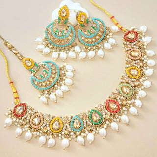 Leah Multicolour Polki Choker Necklace Set with Tikka - ECLAT INDIAN JEWELSNecklace SetsMulticolour