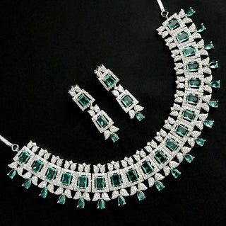 Leona CZ Sea Green Diamond Simulant Necklace Set - ECLAT INDIAN JEWELSNecklace SetsGreen