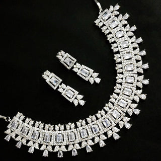 Leona CZ White Diamond Simulant Necklace Set - ECLAT INDIAN JEWELSNecklace SetsWhite