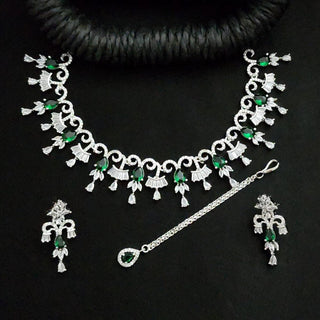 Lexi Green CZ Diamond Simulant Necklace Set with Tikka - ECLAT INDIAN JEWELSNecklace SetsGreen