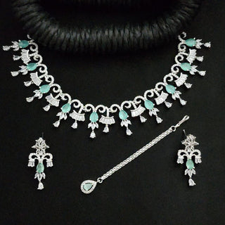 Lexi Mint Green CZ Diamond Simulant Necklace Set with Tikka - ECLAT INDIAN JEWELSNecklace SetsGreen