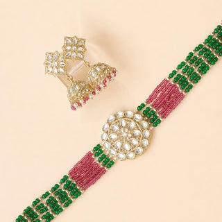 Lilah Green Multicolour Kundan Choker Necklace Set - ECLAT INDIAN JEWELSNecklace SetsGreen