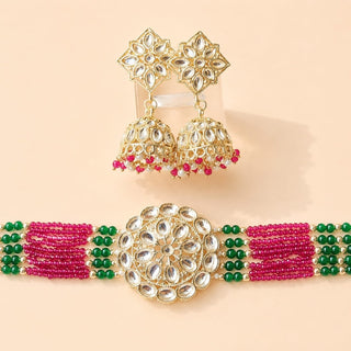 Lilah Green Multicolour Kundan Choker Necklace Set - ECLAT INDIAN JEWELSNecklace SetsGreen