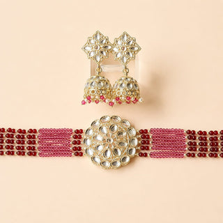 Lilah Maroon Red Multicolour Kundan Choker Necklace Set - ECLAT INDIAN JEWELSNecklace SetsRed