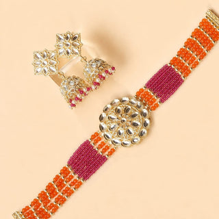 Lilah Orange Pink Multicolour Kundan Choker Necklace Set - ECLAT INDIAN JEWELSNecklace SetsOrange