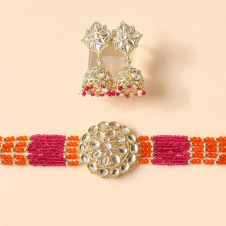 Lilah Orange Pink Multicolour Kundan Choker Necklace Set - ECLAT INDIAN JEWELSNecklace SetsOrange