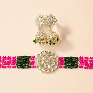 Lilah Pink Multicolour Kundan Choker Necklace Set - ECLAT INDIAN JEWELSNecklace SetsPink