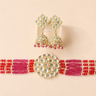 Lilah Red Multicolour Kundan Choker Necklace Set - ECLAT INDIAN JEWELSNecklace SetsRed