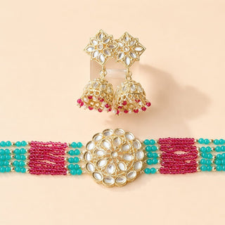 Lilah Teal Blue Multicolour Kundan Choker Necklace Set - ECLAT INDIAN JEWELSNecklace SetsBlue