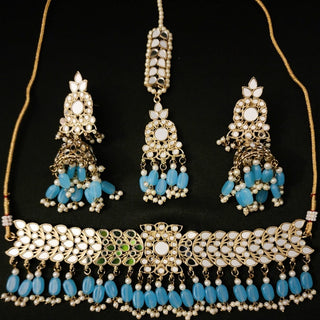 Lily Light Blue Mirror Choker Set with Tikka - ECLAT INDIAN JEWELSNecklace SetsBlue