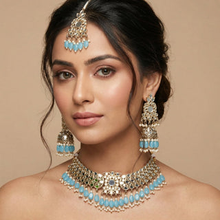 Lily Light Blue Mirror Choker Set with Tikka - ECLAT INDIAN JEWELSNecklace SetsBlue