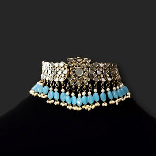 Lily Light Blue Mirror Choker Set with Tikka - ECLAT INDIAN JEWELSNecklace SetsBlue