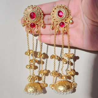 Lisa Ruby Red Kashmiri Diamond Gold Finish Earrings - ECLAT INDIAN JEWELSKashmiri EarringsRed