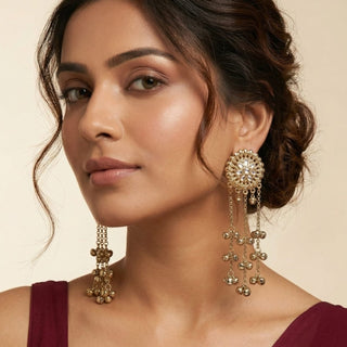 Lydia White Kashmiri Kundan Antique Gold Finish Earrings - ECLAT INDIAN JEWELSKashmiri EarringsGold